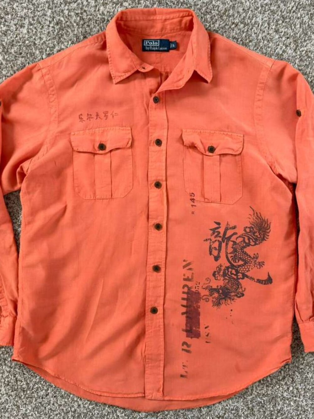 Vintage Polo Ralph Lauren Asian Dragon Graphic Linen-Silk Shirt - Large
